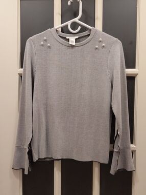 "Urban Romantics" Sz. S, Striped Long-Sleeve Crewneck Top with Pearl Detail....